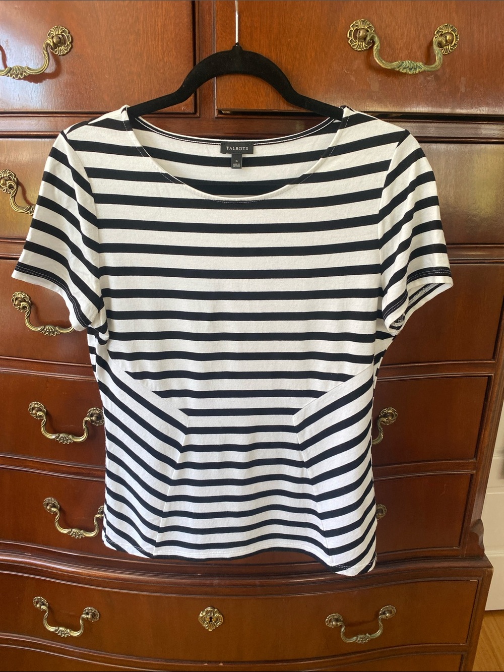 Talbots Black & White Striped Short Sleeve Stretch Tee